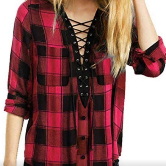 Tops - A Twist to a Favorite - Buffalo Check Lace-up Long Sleeve Plaid Shirt size L